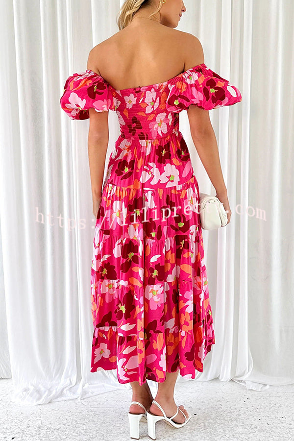 Petal Princess Unique Print Smocked Waist Puff Sleeve Midi Dress
