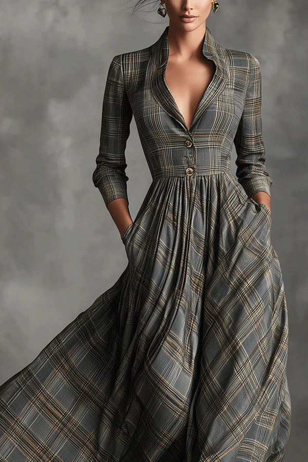 Plaid Print Long Sleeve Slim Fit Casual Pocket Maxi Dress