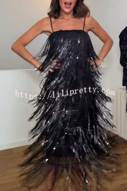 Chic Celebration Layered Sequined Tassels Slip Strapless H-line Midi Dress