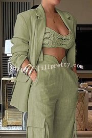 Stylish Lapel Long Sleeve Loose Jacket and Casual Pocket Lace-up Straight Leg Pants Set