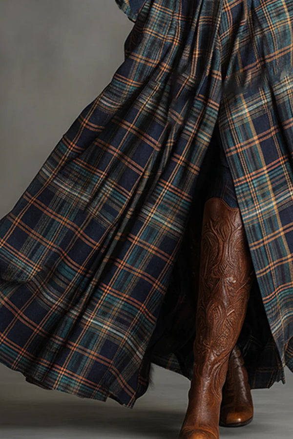 Fashionable Faux Denim Suede Patchwork Long-sleeved Casual Maxi Dress