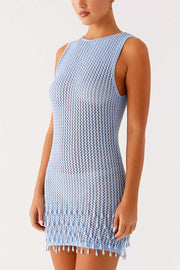 Fashion Knit Hollow Beaded Tassel Embellished Sleeveless Slim Mini Dress