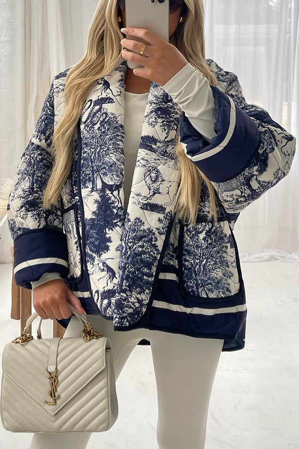 Lilipretty Romantic Songs Porcelain Ink Printed Pocket Quilted Cotton Kimono Jacket