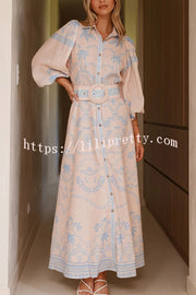 Linen Blend Lapel Puff Sleeve Casual Waist Belted Maxi Dress