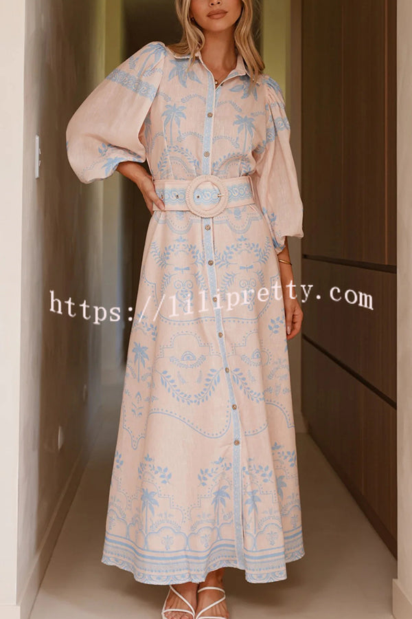 Linen Blend Lapel Puff Sleeve Casual Waist Belted Maxi Dress