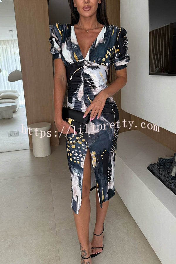 Unique Print V-Neck Puff Sleeve Slit Slim Midi Dress