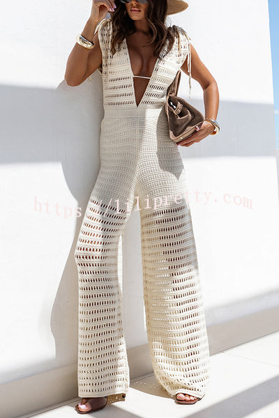 Solid Color Knitted V-neck Holiday Hollow Casual Jumpsuit