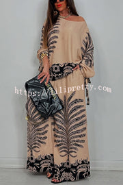 Unique Print Loose Drawstring Long Sleeve Top and Elastic Waist Casual Pocket Wide Leg Pants Set