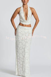 Myra Floral Burnout Jersey Fabric Halter Crop Tank and Ruched Maxi Skirt Set