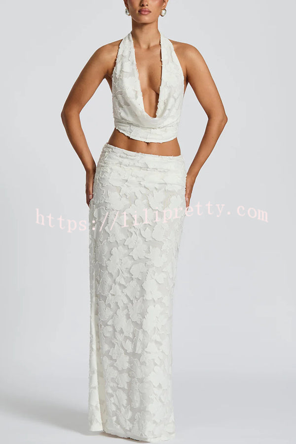 Myra Floral Burnout Jersey Fabric Halter Crop Tank and Ruched Maxi Skirt Set