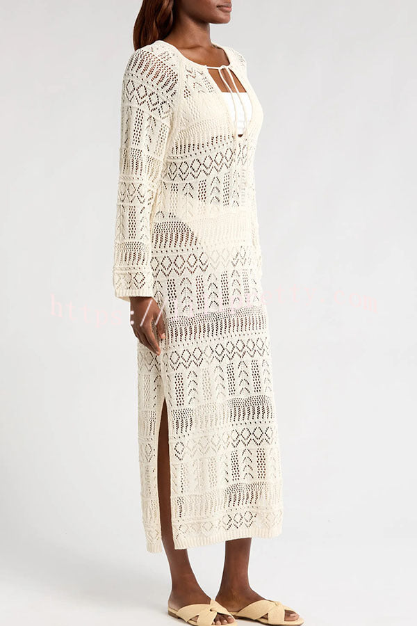 Hollie Knit Unique Pattern Tie-up Long Sleeve Cover-Up Midi Dress