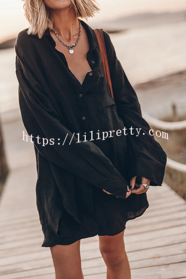 Lilipretty Go To The Beach Linen Blend Pocketed Long Sleeve Oversized Shirt