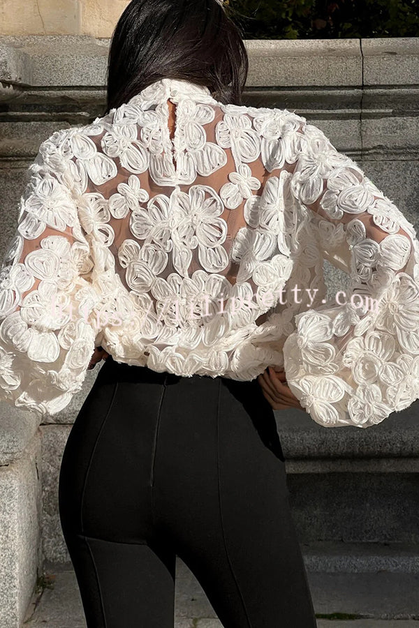 Fashionable Embroidered Flower Loose Puff Sleeve Hollow Top