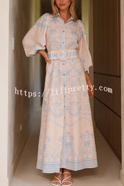 Linen Blend Lapel Puff Sleeve Casual Waist Belted Maxi Dress