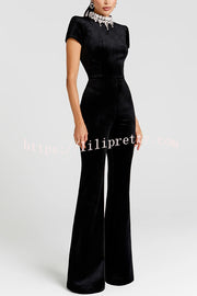 Lucia Luxurious Velvet Jewel-encrusted Turtleneck Short Sleeve Flare Stretch Jumpsuit
