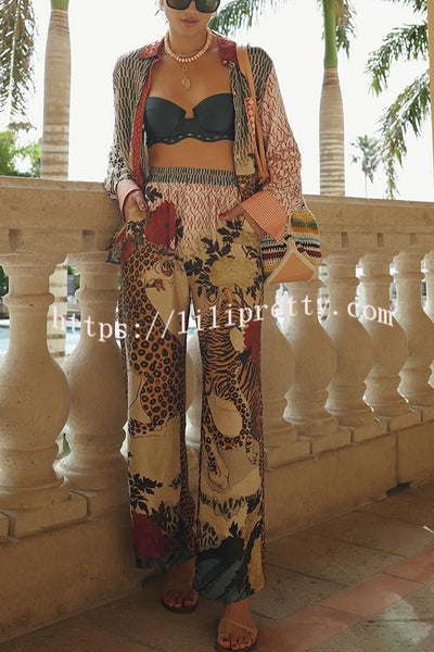 Tropical Jungle Tiger Unique Print Long Sleeve Loose Shirt and Elastic Waist Pants Set