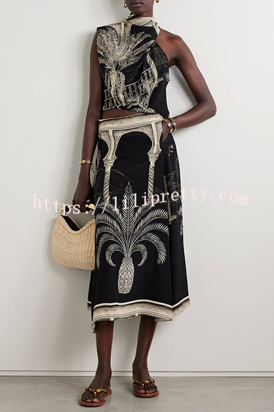 Satin Botanical Print Sleeveless Lounge Top and Midi Skirt Set