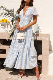 Rustic V Neck Button Zip Pleated Slit Puff Sleeve Maxi Dress