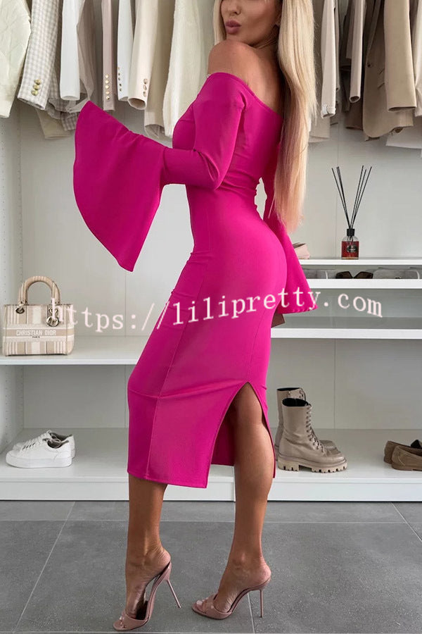 Solid Color Sexy Off-shoulder Trumpet Sleeve Slim Midi Dress