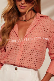 Fashionable Hollow Loose Button Pocket Shirt Top