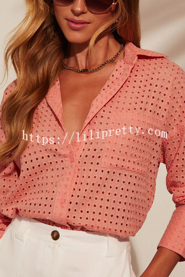 Fashionable Hollow Loose Button Pocket Shirt Top