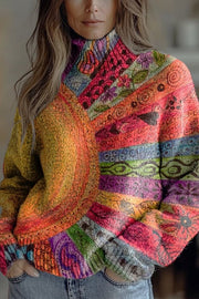 Floral Pattern High-Neck Long-Sleeved Loose Sweatshirt