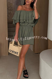 Solid Color Off-shoulder Ruffled Casual Waist Rompers