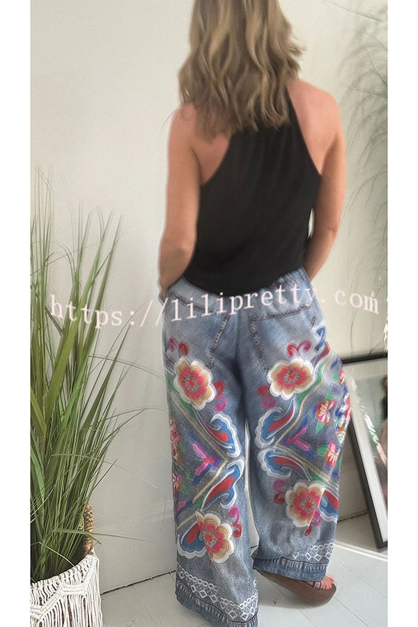 Lilipretty® Hippie Style Unique Floral Denim Print Elastic Waist Pocketed Wide Leg Pants
