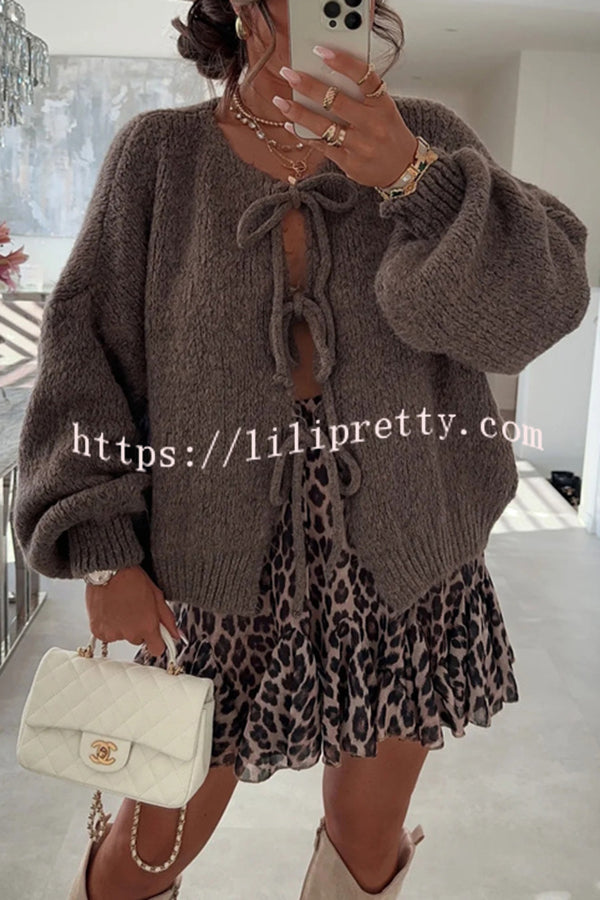 Solid Color Long-sleeved V-neck Lace-up Loose Knitted Sweater