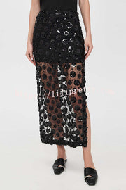 Gorgeous Flower Embellished Sequin Sheer High Rise Slit Midi Skirt