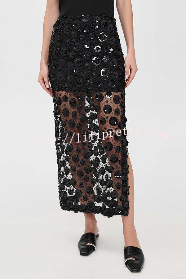 Gorgeous Flower Embellished Sequin Sheer High Rise Slit Midi Skirt