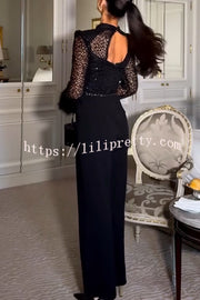 Aerie Sequin Embellished Mock Neck Long Sleeve Feather Cuff Flare Jumpsuit