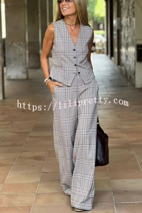 Office Chic Plaid Button Up Vest and Elastic Waist Pocketed Wide Leg Pants Set