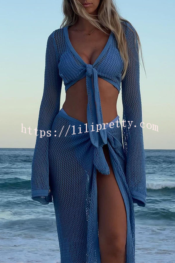 Knitted Slit See Through Hollow Tie Skirt Suit