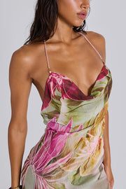 Floral Print Sexy Backless Slit See-Through Holiday Maxi Dress