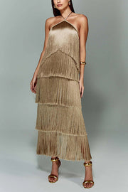 Sexy Halterneck Backless Elegant Fringe Maxi Dress