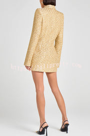 Heels Click Tweed Fabric Pearl Button Long Sleeve Lapel Blazer Mini Dress