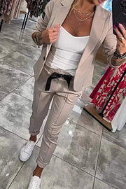 Smart Casual Lapel Blazer and Elastic Waist Tie Pocket Pants Set