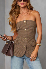 Workplace Vitality Houndstooth Off Shoulder Button Vest Top