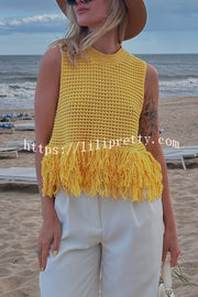 Solid Color Round Neck Sleeveless Hollow Tassel Loose Vest