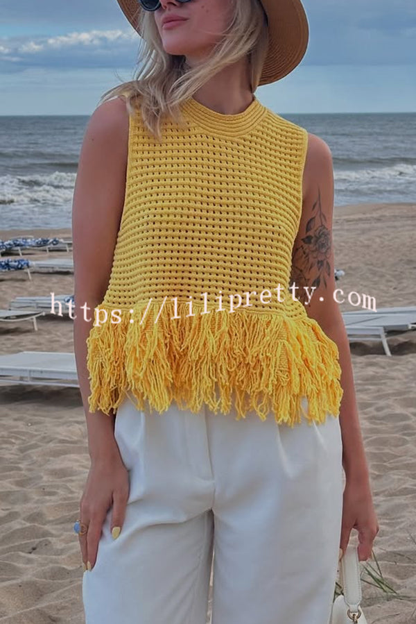 Solid Color Round Neck Sleeveless Hollow Tassel Loose Vest