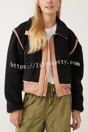 Stylish Patchwork Stand Collar Sherpa Zipper Jacket