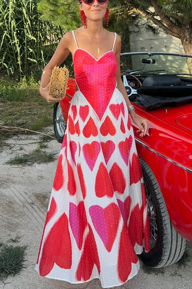 Full of Love Heart Shape Print Cutout Spaghetti Strap Backless Maxi Dress