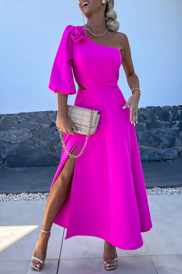 Lilipretty® Full of Charm Rose Embellished One Shoulder Cutout Slit Midi Dress