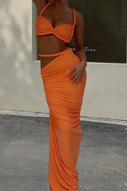 Sexy Halter Back Braided Suspender Top and Beach Holiday Style Hip-wrapped Maxi Skirt Set