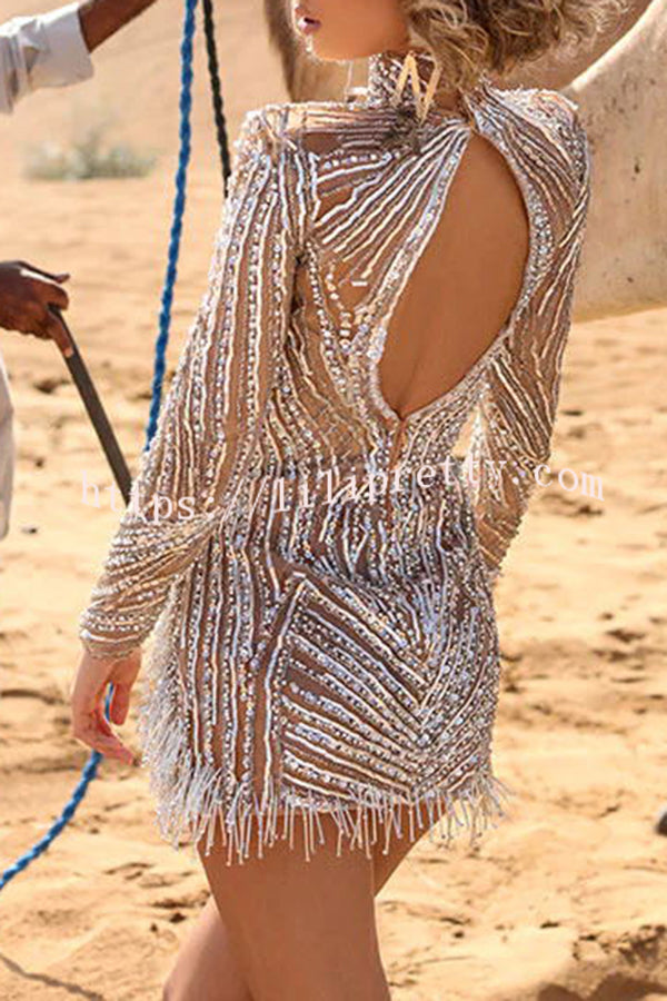 Ablina Dyla Silver Fringed Feather Sequin Slit Long Sleeve Mini Dress