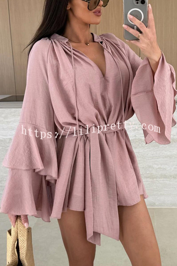 Solid Color V-neck Ruffled Long Sleeve Waist Tie Mini Dress
