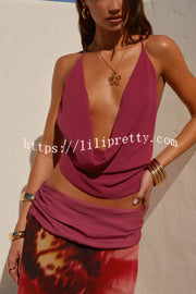 Sexy Deep V Backless Draped Camisole Top and Floral Print Chiffon Maxi Skirt Set