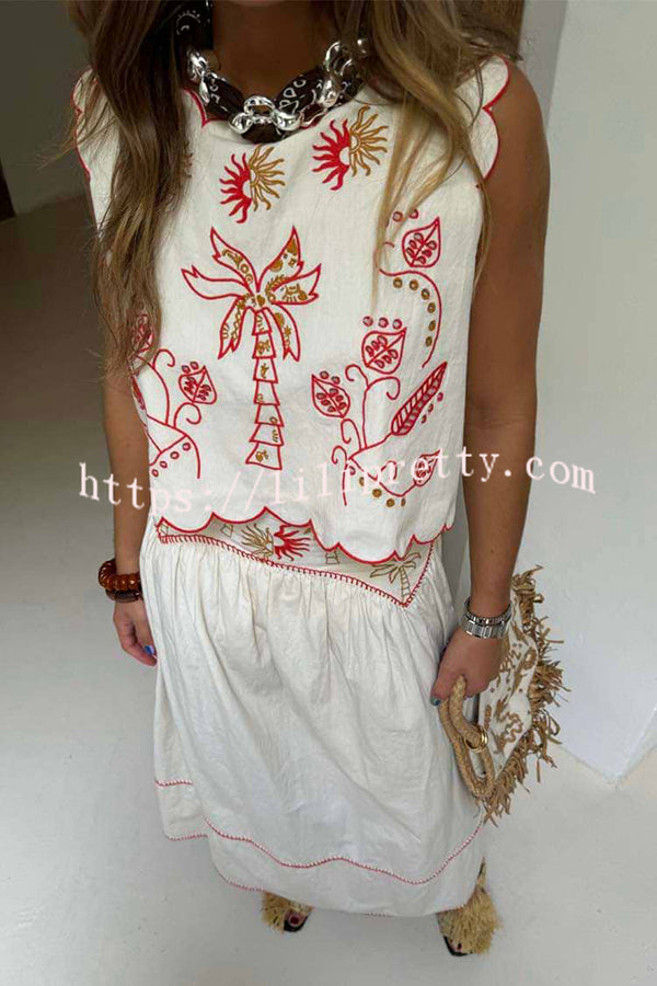 Sunny Day Linen Blend Contrast Embroidered Print Scallop Trim Lace-up Top