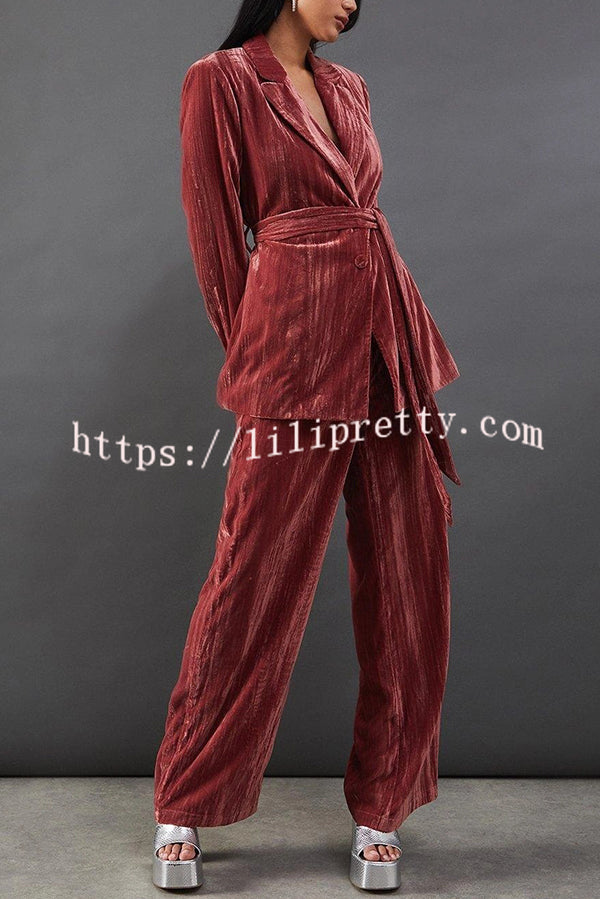 Solid Color Velvet Long-sleeved Waist Tie Top and Elastic Waist Casual Pocket Straight-leg Pants Set